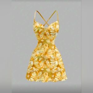 MOD Women's Casual Minimalist Yellow Floral Printed Draped Neck Sleeveless